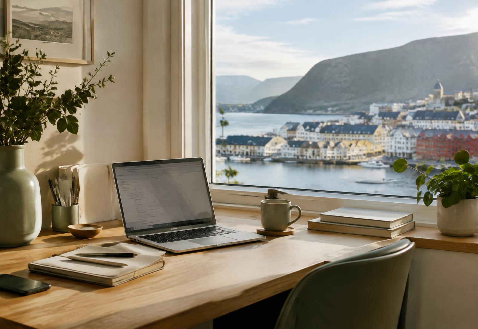 Lyst kontor med utsikt over havnen